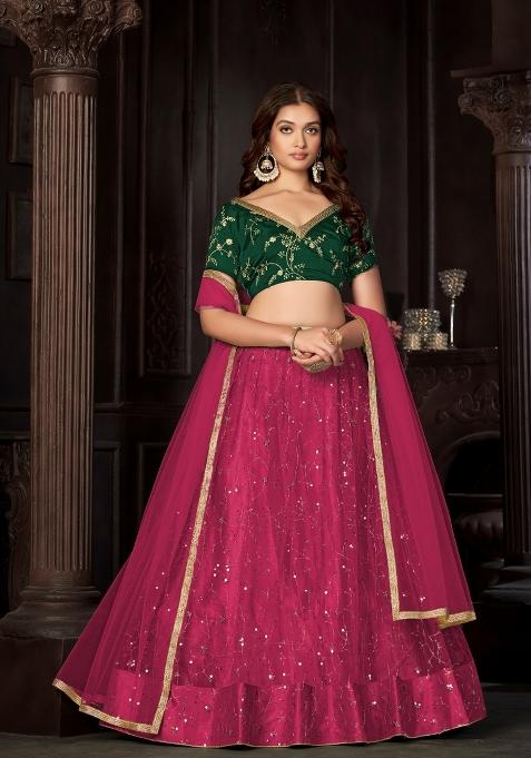 Dark Pink Embroidered Net Lehenga Set