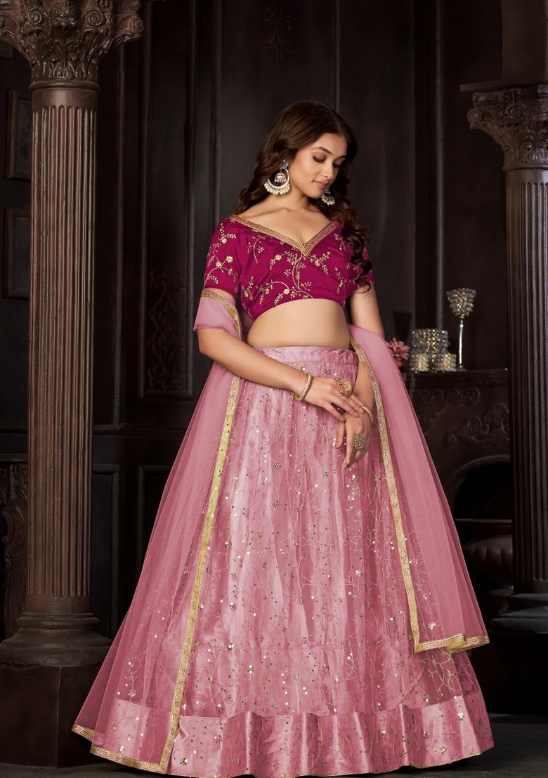 Pista Embroidered Net Lehenga Set - Indya
