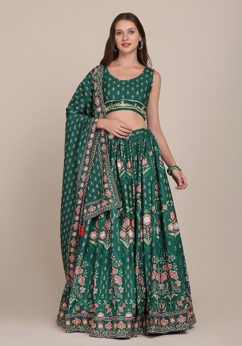 Green Printed Crepe Lehenga Set