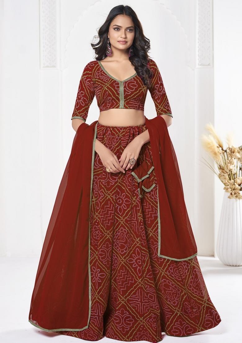 Red Printed Georgette Lehenga Set - Indya