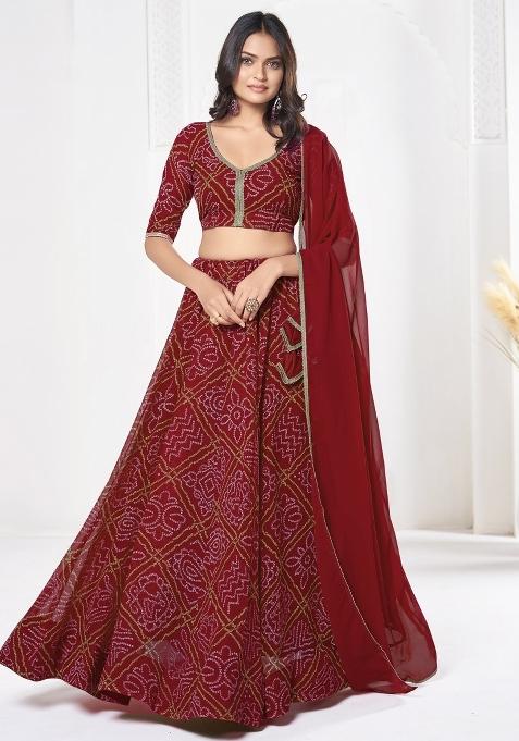 Red Printed Georgette Lehenga Set