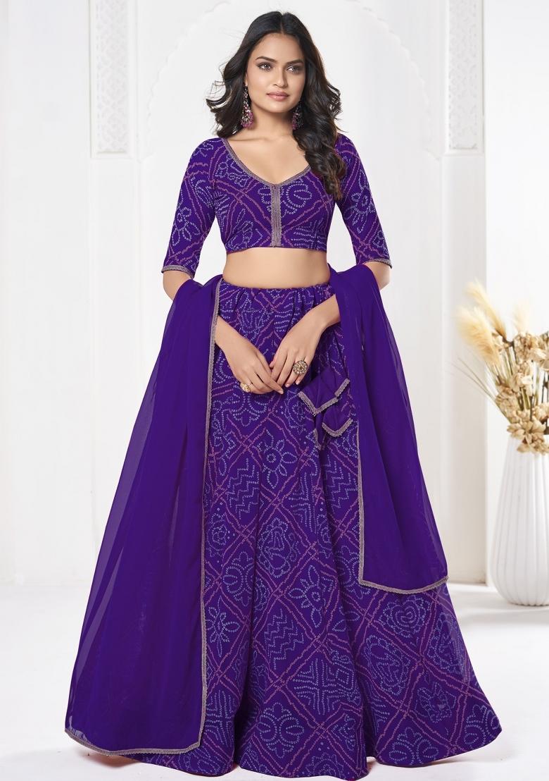 Purple Printed Georgette Lehenga Set - Indya