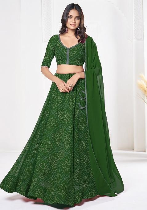 Green Printed Georgette Lehenga Set