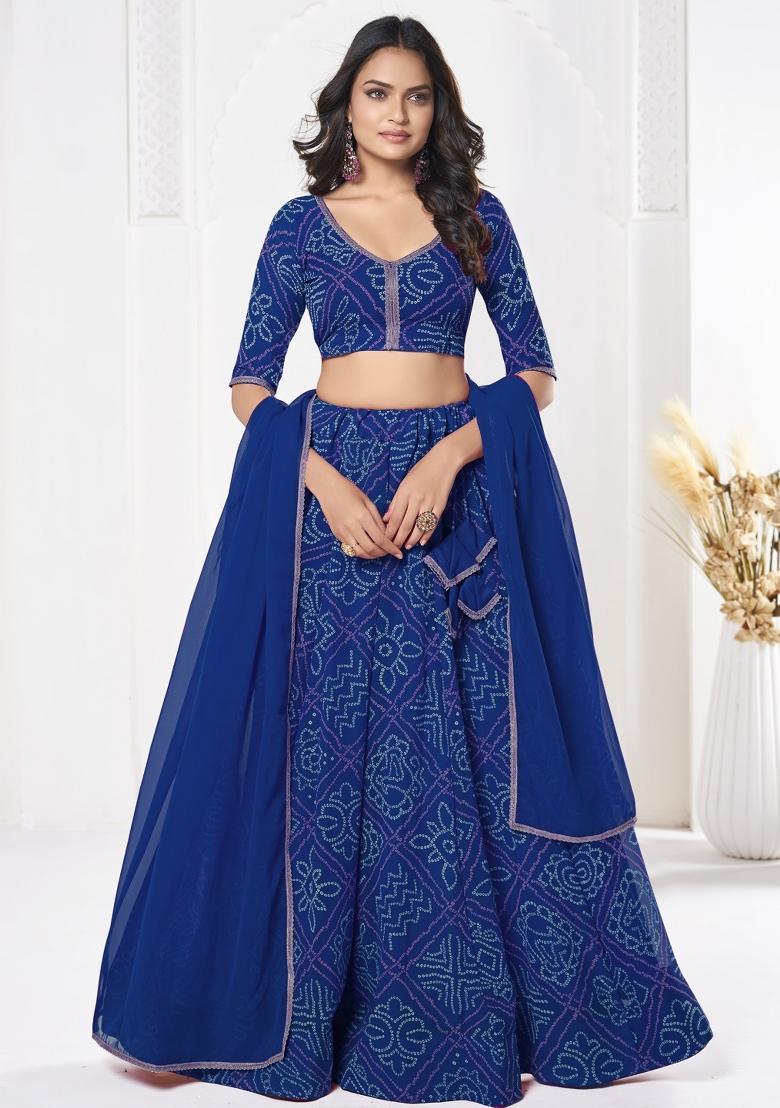 Blue Printed Georgette Lehenga Set - Indya