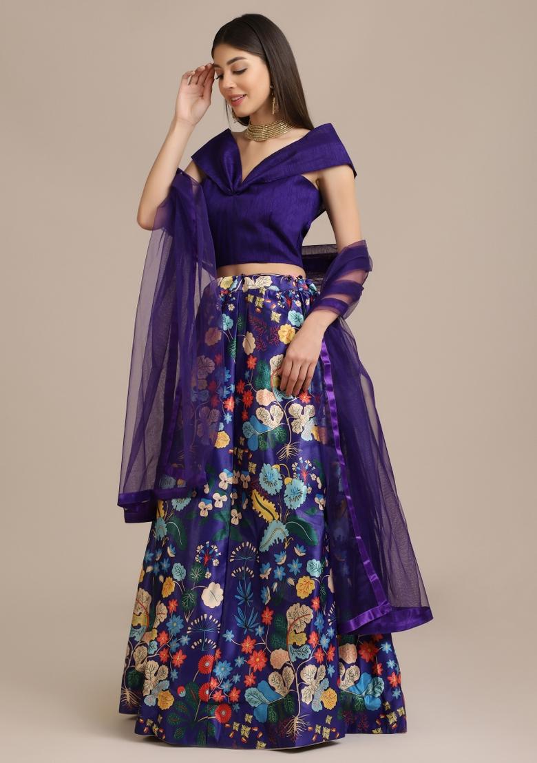 Violet Floral Print Gota Zari Lehenga Set - Indya