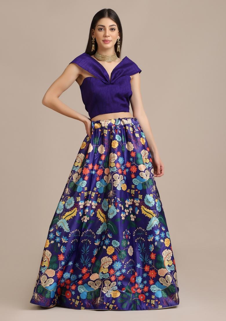 Violet Floral Print Gota Zari Lehenga Set - Indya