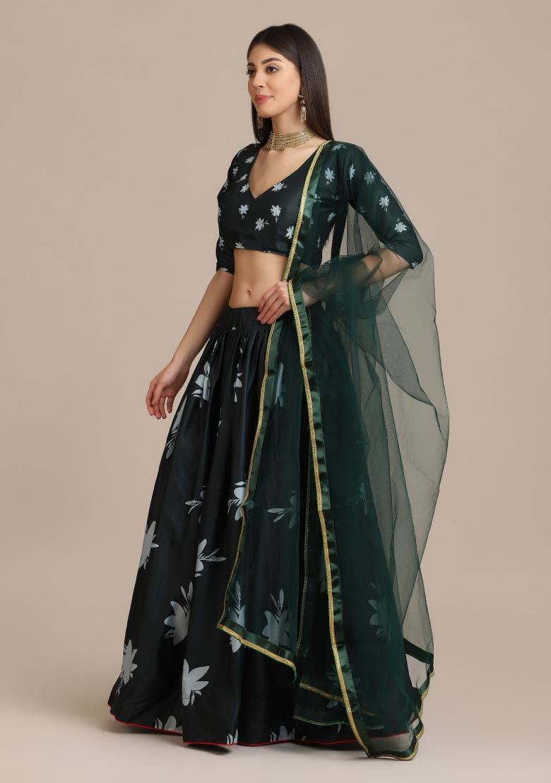 Green Floral Print Crepe Lehenga Set - Indya
