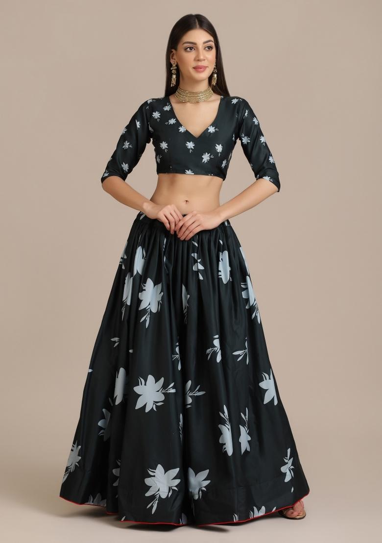 Green Floral Print Crepe Lehenga Set - Indya