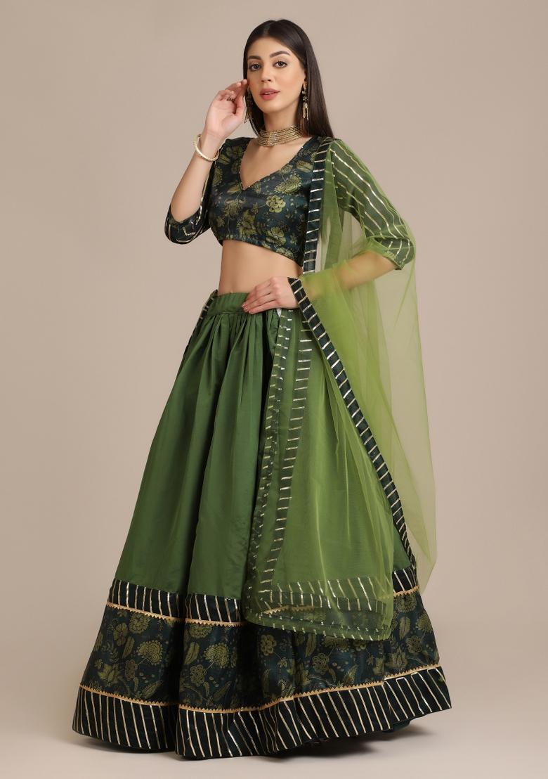 Mehendi Floral Print Silk Blend Lehenga Set - Indya