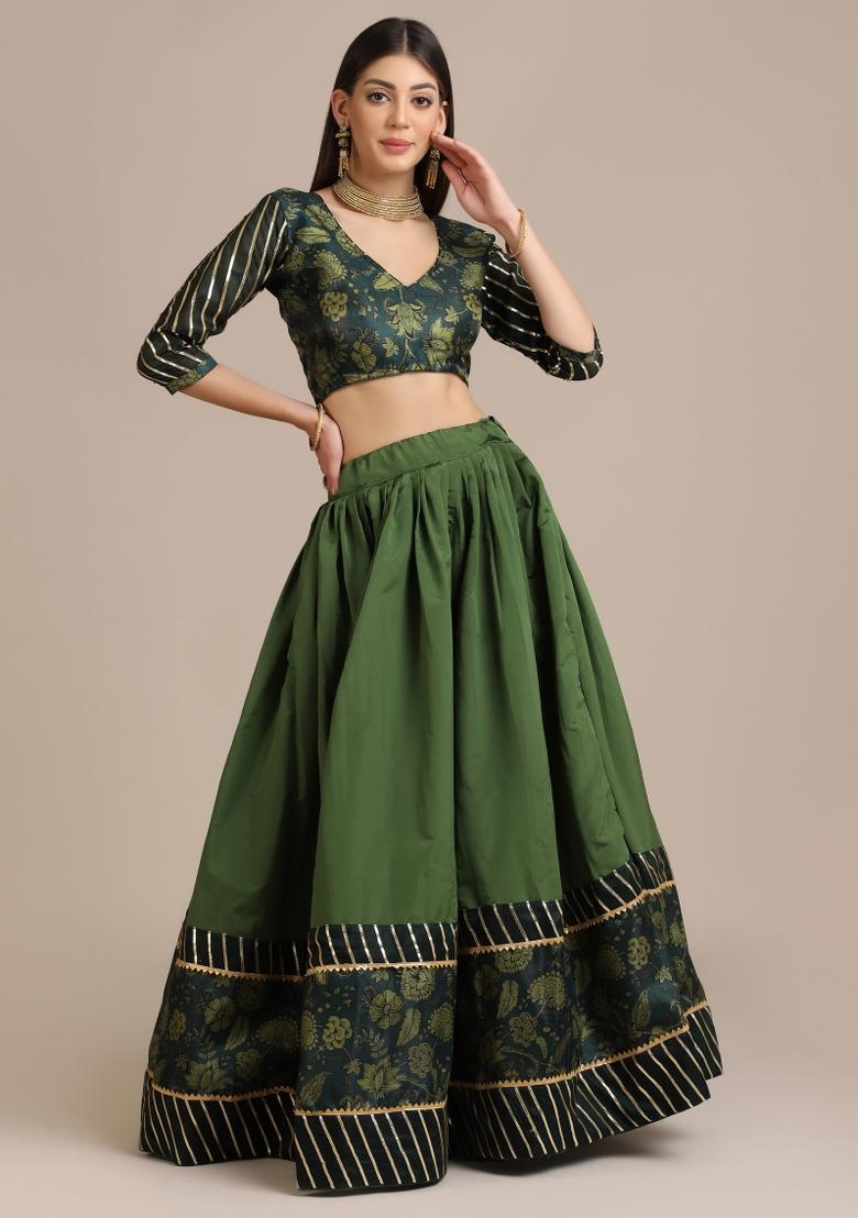 Mehendi Floral Print Silk Blend Lehenga Set - Indya