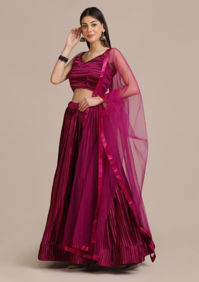 Purple Pleated Work Silk Blend Lehenga Set - Indya