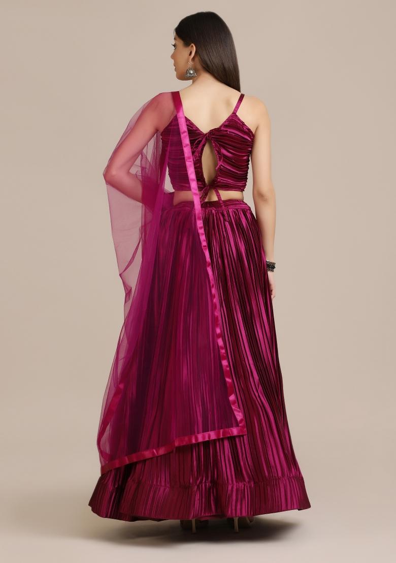 Purple Pleated Work Silk Blend Lehenga Set - Indya