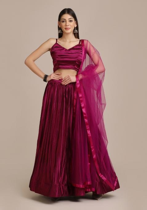 Purple Pleated Work Silk Blend Lehenga Set