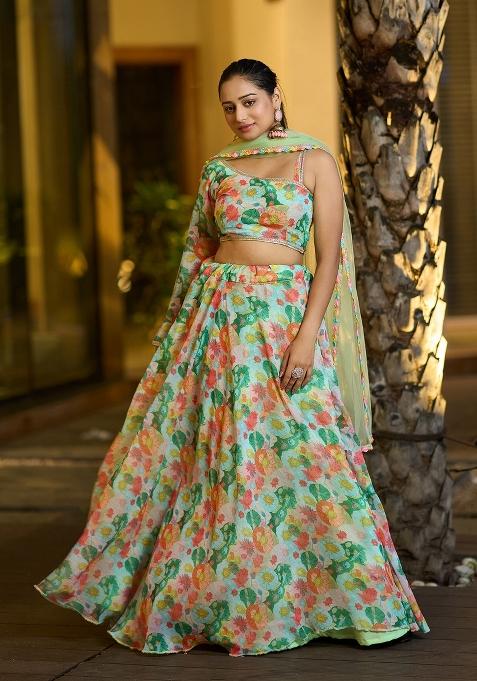Multicolor Printed Georgette Lehenga Set