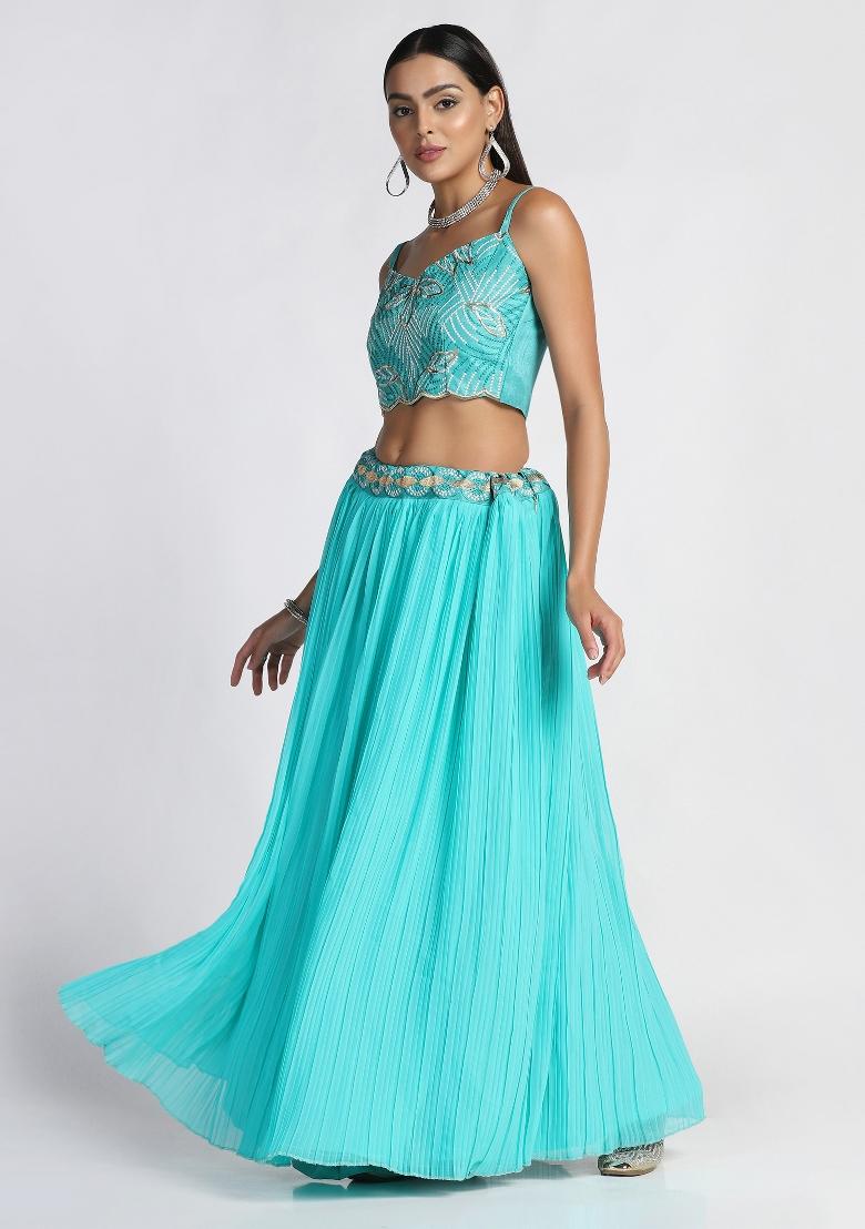 Light Sky Blue Embroidered Georgette Lehenga Set - Indya