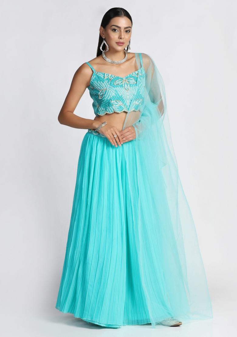 Light Sky Blue Embroidered Georgette Lehenga Set - Indya