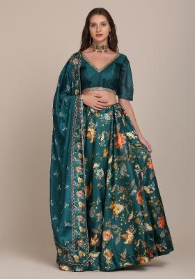 Green Floral Print Chinon Lehenga Set
