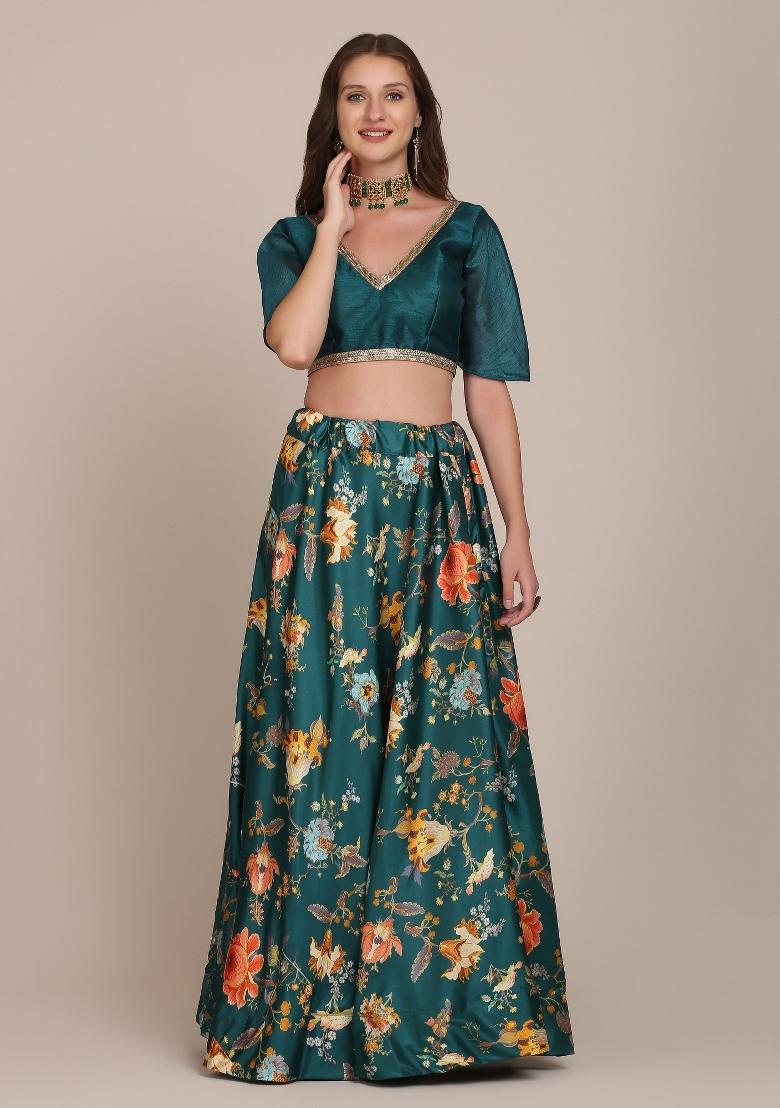 Green Floral Print Chinon Lehenga Set - Indya