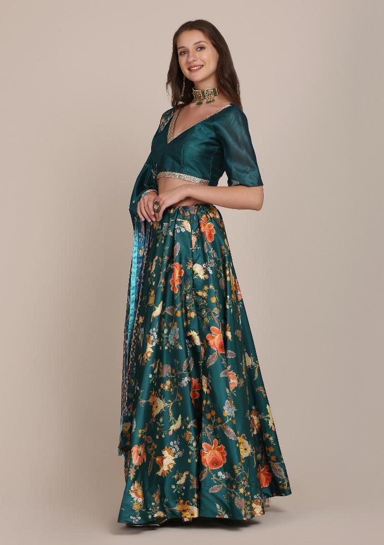 Green Floral Print Chinon Lehenga Set - Indya