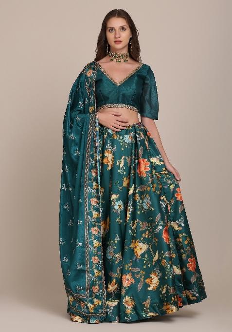 Green Floral Print Chinon Lehenga Set