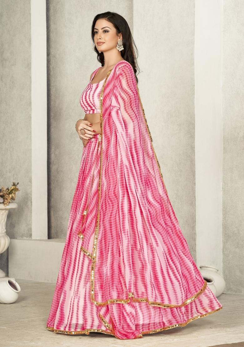 Pink Printed Georgette Lehenga Set - Indya