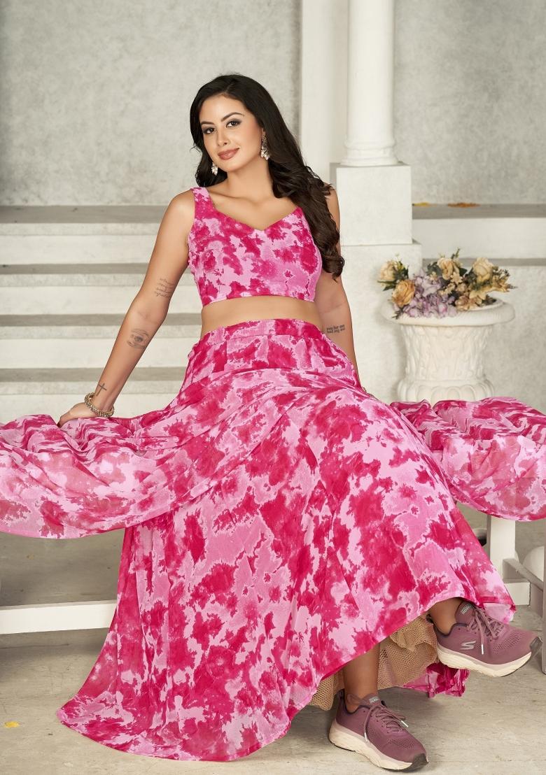 Pink Printed Georgette Lehenga Set - Indya