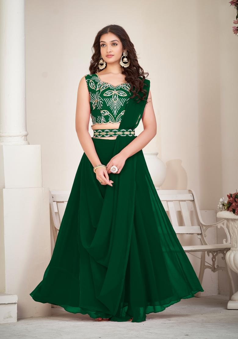 Green Embroidered Georgette Lehenga Set - Indya