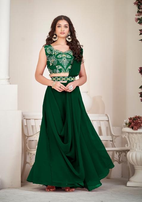 Green Embroidered Georgette Lehenga Set