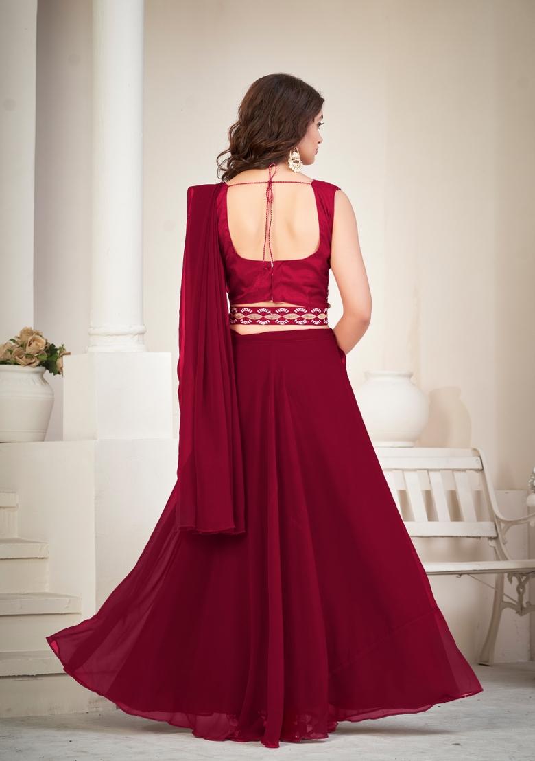 Maroon Embroidered Georgette Lehenga Set - Indya