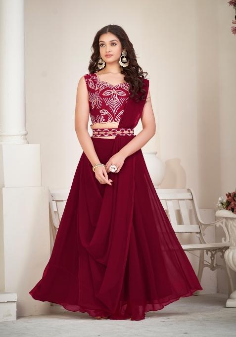 Maroon Embroidered Georgette Lehenga Set