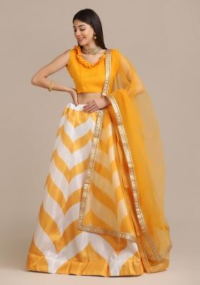 Yellow Floral Print Gota Zari Lehenga Set