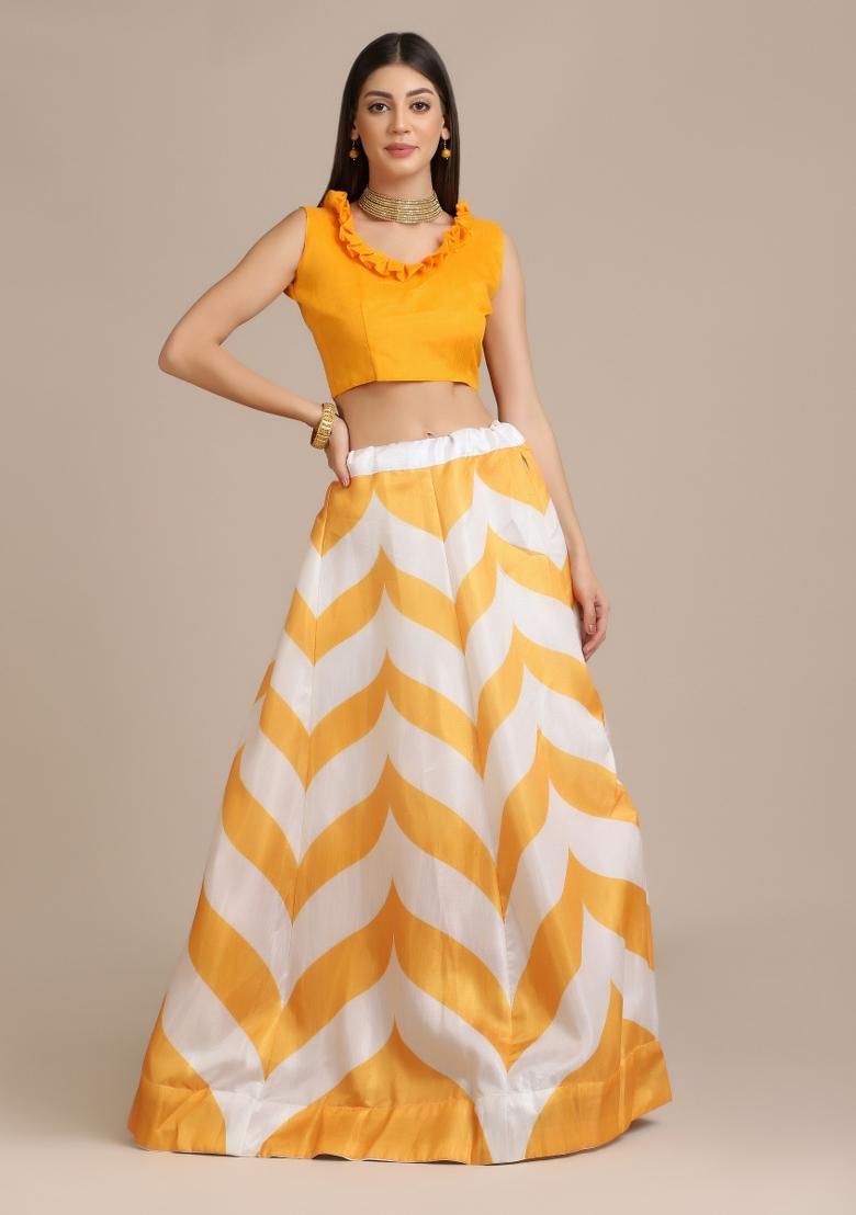 Yellow Floral Print Gota Zari Lehenga Set - Indya