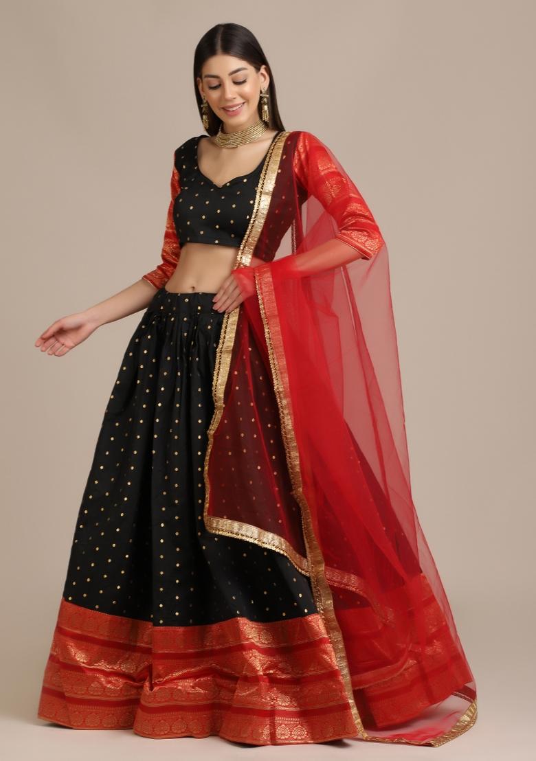 Black Woven Jacquard Lehenga Set - Indya