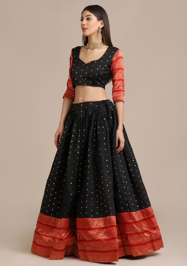 Black Woven Jacquard Lehenga Set - Indya