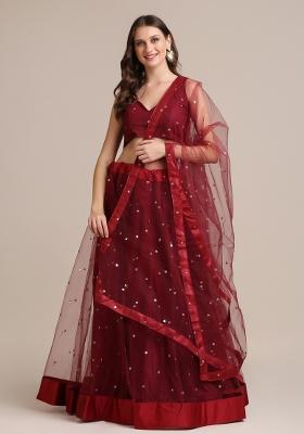Maroon Embroidered Net Lehenga Set