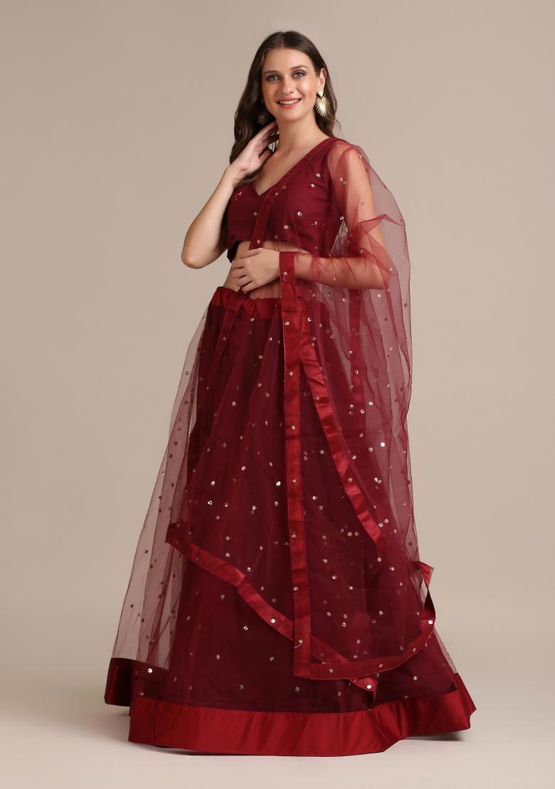 Maroon Embroidered Net Lehenga Set - Indya