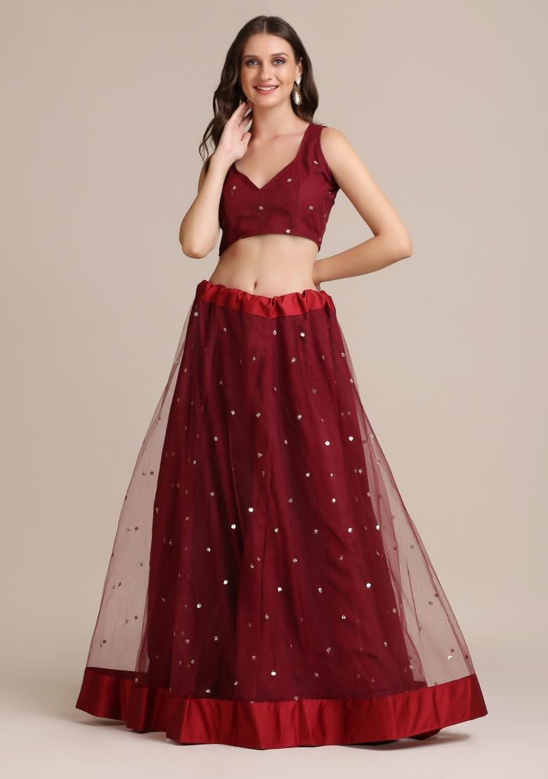 Maroon Embroidered Net Lehenga Set - Indya