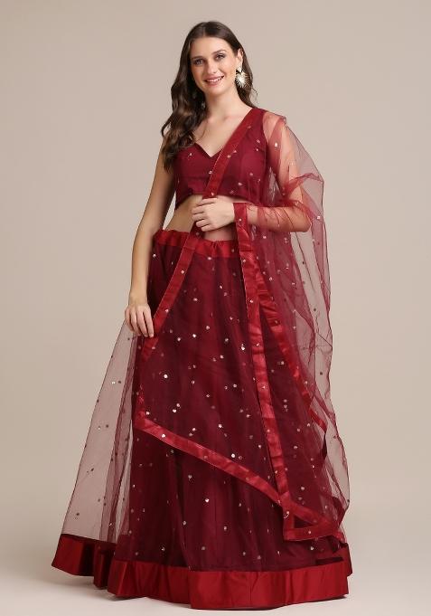 Maroon Embroidered Net Lehenga Set