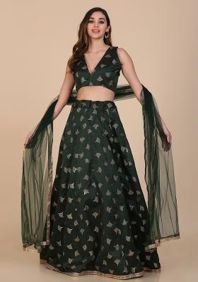 Green Printed Silk Blend Lehenga Set