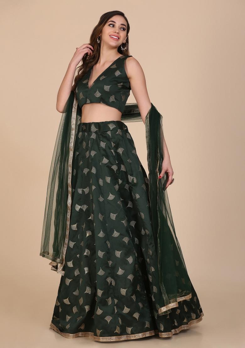 Green Printed Silk Blend Lehenga Set - Indya