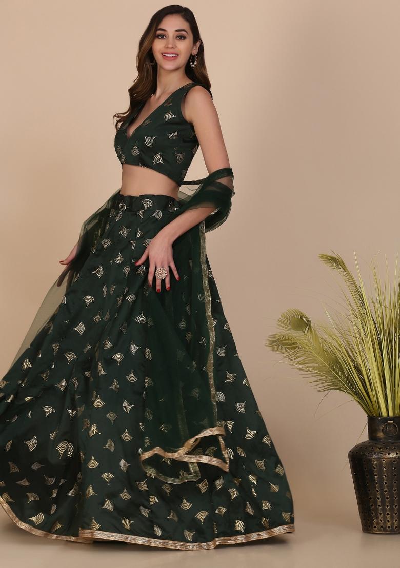 Green Printed Silk Blend Lehenga Set - Indya