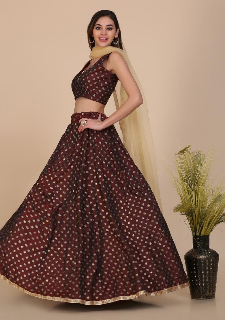 Brown Weaving Silk Blend Lehenga Set - Indya