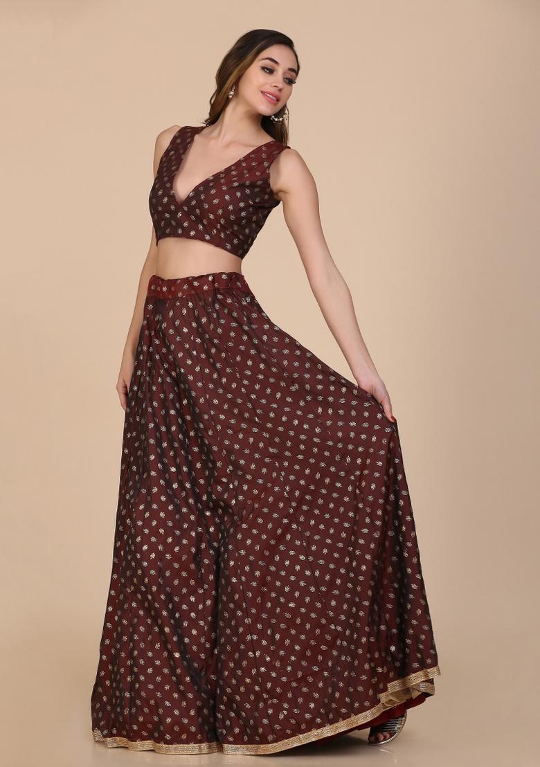Brown Weaving Silk Blend Lehenga Set - Indya