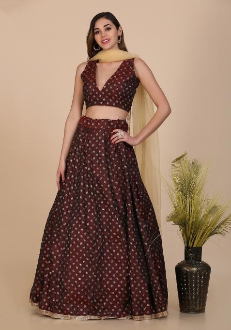 Brown Weaving Silk Blend Lehenga Set