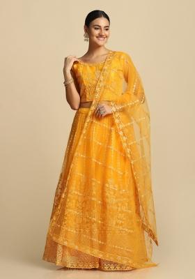 Yellow Embroidered Net Lehenga Set
