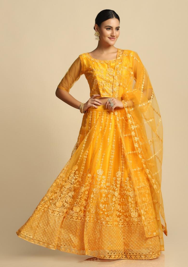 Yellow Embroidered Net Lehenga Set - Indya