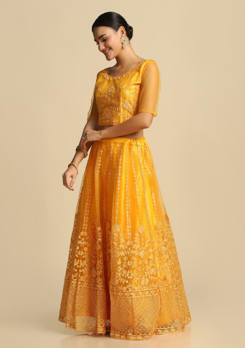 Yellow Embroidered Net Lehenga Set - Indya