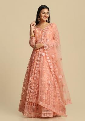 Peach Embroidered Net Lehenga Set