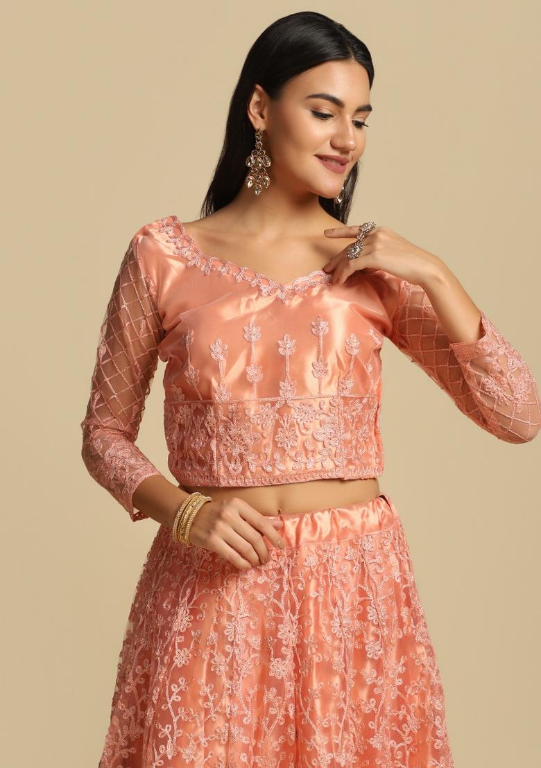 Peach Embroidered Net Lehenga Set - Indya