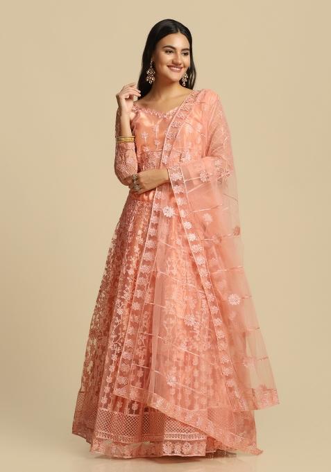 Peach Embroidered Net Lehenga Set
